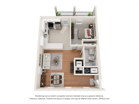 Floor plan for 1 bed, 1 bath, 707 sqft